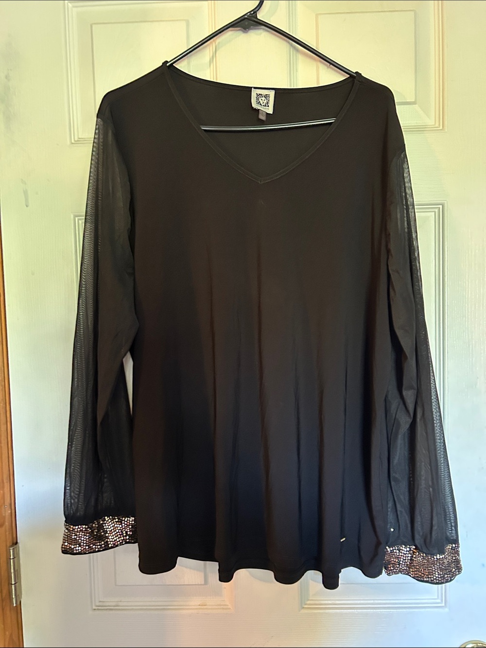Women's Black V-Neck Long Sleeve Top with Sheer Sleeves and Sequin Cuffs